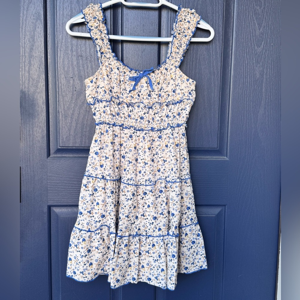 Japna Floral Baby Doll Mini Dress with Blue Accents, Sz XS